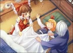 Rule 34 | 00s, 1boy, 2girls, blonde hair, bow, brown hair, buront, covering with blanket, crossover, detached sleeves, elf, elvaan, embodiment of scarlet devil, final fantasy, final fantasy xi, hair bow, hakurei reimu, japanese clothes, miko, multiple girls, pointy ears, rumia, sakino shingetsu, short hair, silver hair, sleeping, the iron of yin and yang, touhou