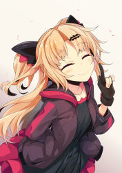 Rule 34 | 1girl, ^ ^, akatsuki uni, black dress, black gloves, blonde hair, brown background, brown jacket, character name, closed eyes, closed mouth, collarbone, drawstring, dress, facing viewer, fang, fang out, frilled dress, frills, gloves, gradient background, hair ornament, hairclip, highres, hood, hood down, hooded jacket, jacket, long hair, long sleeves, ogami kazuki, open clothes, open jacket, partially fingerless gloves, puffy long sleeves, puffy sleeves, smile, solo, two side up, uni create, very long hair, virtual youtuber