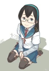 Rule 34 | 10s, 1girl, black hair, blue eyes, character name, dated, full body, glasses, hairband, kantai collection, kawashina (momen silicon), long hair, looking at viewer, looking up, ooyodo (kancolle), pleated skirt, school uniform, seiza, serafuku, signature, sitting, skirt, solo, thighhighs, zettai ryouiki