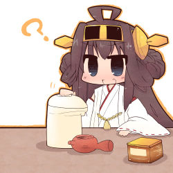 Rule 34 | 10s, 1girl, ?, ahoge, black eyes, braid, brown hair, chibi, detached sleeves, fang, hairband, japanese clothes, kantai collection, kongou (kancolle), long hair, lowres, luu, open mouth, personification, solo, tea, teapot, water boiler, wide sleeves