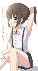 Rule 34 | 1girl, black skirt, blue eyes, blush, brown hair, bunching hair, collared shirt, commentary request, dress shirt, feet out of frame, highres, holding, holding own hair, knees up, looking at viewer, neck ribbon, open mouth, original, panties, pleated skirt, ponytail, red ribbon, ribbon, shadow, shirt, short sleeves, sidelocks, sitting, skirt, solo, suspender skirt, suspenders, takasuma hiro, translated, underwear, white background, white panties, white shirt