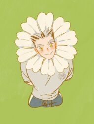 Rule 34 | 1boy, :&gt;, bokuto koutarou, chengongzi123, closed mouth, cropped legs, green background, grey hair, grey shirt, haikyuu!!, highres, looking at viewer, male focus, multicolored hair, shirt, short hair, simple background, slit pupils, smile, streaked hair, thick eyebrows, very short hair, yellow eyes
