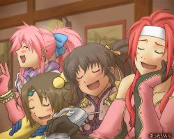 Rule 34 | 00s, 1boy, 3girls, anise tatlin, arche klein, blush, bracelet, closed eyes, drunk, happy, jewelry, lowres, multiple girls, namco, norma beatty, pink hair, red hair, tales of (series), tales of legendia, tales of phantasia, tales of symphonia, tales of the abyss, tempyou kango, wide ponytail, zelos wilder