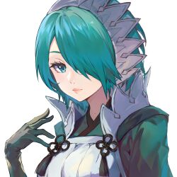 Rule 34 | 1girl, absurdres, aqua hair, black gloves, blue eyes, eyelashes, fire emblem, fire emblem fates, gloves, hair over one eye, highres, jurge, looking at viewer, mixed-language commentary, nintendo, pink lips, setsuna (fire emblem), simple background, solo, upper body, white background, white headdress
