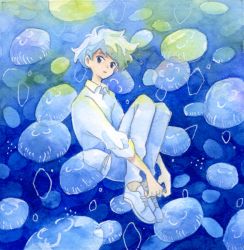 Rule 34 | ambiguous gender, blue eyes, blue theme, collared shirt, expressionless, full body, highres, jellyfish, knees up, looking at viewer, original, pants, shirt, shoes, short hair, solo, white footwear, white hair, white pants, white shirt, yutsukidayo
