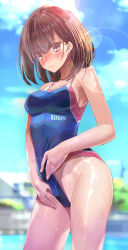 Rule 34 | 1girl, absurdres, bare arms, bare shoulders, blue one-piece swimsuit, blue sky, blurry, blurry background, blush, breasts, brown hair, closed mouth, clothes lift, cloud, commentary request, competition swimsuit, cowboy shot, day, depth of field, highres, lens flare, lifting own clothes, looking at viewer, medium breasts, one-piece swimsuit, original, outdoors, purple eyes, rur (ml ruru), short hair, sky, smile, solo, swimsuit, swimsuit lift, thighs, wet