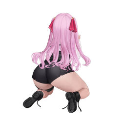 Rule 34 | 1girl, alternate costume, ass, ass focus, back, belt, boots, dramz, goddess of victory: nikke, highres, leotard, leotard under clothes, long hair, necktie, official art, pink hair, purple eyes, shirt, simple background, solo, thigh strap, white background, white shirt, xi xeong, yuni (nikke)