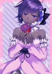 Rule 34 | 1girl, apple, beads, breasts, butterfly background, commentary request, dark-skinned female, dark skin, detached collar, detached sleeves, diagonal stripes, dress, fate/grand order, fate (series), food, fruit, hair beads, hair ornament, hassan of serenity (fate), hassan of serenity (lostroom outfit) (fate), lo lis, medium breasts, medium hair, pink dress, pink sleeves, purple eyes, purple hair, ribbon-trimmed sleeves, ribbon trim, smile, solo, strapless, strapless dress, striped, very dark skin