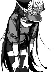 Rule 34 | 1girl, alternate costume, expressionless, family crest, fate/grand order, fate (series), greyscale, hands on own knees, hat, highres, long hair, military hat, monochrome, oda nobunaga (fate), oda uri, peaked cap, sempon (doppio note), simple background, skirt, solo, thighhighs, very long hair, white background, zettai ryouiki