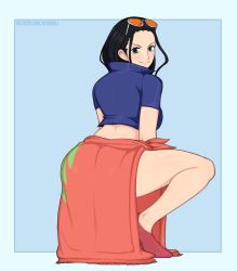 Rule 34 | 1girl, afrobull, artist name, ass, bad id, bad pixiv id, black hair, blue background, blue eyes, crop top, eyelashes, eyewear on head, from behind, high heels, huge ass, long hair, long skirt, looking at viewer, looking back, nico robin, one piece, sarong, shiny skin, simple background, skirt, smile, solo, squatting, sunglasses, wide hips