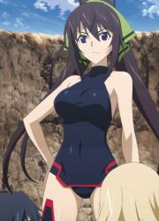 Rule 34 | 10s, angry, bare shoulders, breasts, brown hair, cloud, costume, highres, infinite stratos, ponytail, shinonono houki, standing, stitched, third-party edit