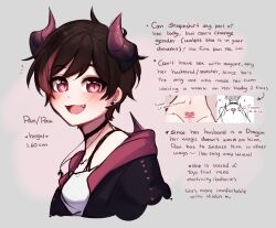 Rule 34 | 1girl, :d, black choker, black jacket, blush, breasts, brown hair, choker, cropped torso, earrings, english text, fang, grey background, groin, highres, horns, jacket, jewelry, multicolored hair, open mouth, original, pan (panqlao), panqlao, pink eyes, pubic tattoo, red hair, red jacket, short hair, small breasts, smile, solo, tattoo, two-tone hair