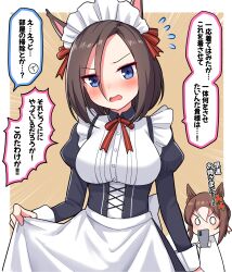 Rule 34 | 2girls, air groove (umamusume), animal ears, apron, black dress, blue eyes, blush, breasts, brown background, brown hair, cellphone, chibi, collared shirt, commentary, dress, dress shirt, emphasis lines, eyeliner, fine motion (umamusume), flying sweatdrops, frilled apron, frills, hair between eyes, highres, holding, holding phone, horse ears, juliet sleeves, long sleeves, maid headdress, makeup, medium breasts, multicolored hair, multiple girls, o o, open mouth, parted bangs, phone, puffy sleeves, shirt, solo focus, takiki, translation request, two-tone background, two-tone hair, umamusume, v-shaped eyebrows, wavy mouth, white apron, white background, white hair, white shirt