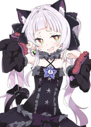 Rule 34 | 1girl, animal ear fluff, animal ears, bare shoulders, black dress, blunt bangs, blush, bow, bright pupils, brown eyes, cat ears, detached sleeves, dress, duplicate, gothic lolita, halter dress, halterneck, hololive, ixy, lolita fashion, long hair, looking at viewer, murasaki shion, murasaki shion (gothic lolita), open mouth, pixel-perfect duplicate, simple background, smile, solo, tail, tail bow, tail ornament, twintails, virtual youtuber, white background, white hair, white pupils