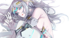 Rule 34 | 1girl, bare shoulders, bikini, blue eyes, breasts, elbow gloves, fate/grand order, fate (series), galatea (fate), gloves, glowing, glowing eyes, halterneck, joints, long hair, looking at viewer, lying, medium breasts, on side, open mouth, pale skin, parted bangs, robot joints, sideboob, solo, swimsuit, thighhighs, thighs, tiara, torichamaru, white bikini, white gloves, white hair, white thighhighs