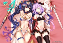 Rule 34 | 2girls, ;p, animal ears, armpits, artist name, astolfo (fate), astolfo (saber) (fate), astolfo (saber) (fate) (cosplay), bare shoulders, bed sheet, bikini, black bow, black gloves, black hair, black legwear, black neckwear, black ribbon, black skirt, blue bikini, blush, bow, bowtie, bradamante (fate), bradamante (fate) (cosplay), bradamante (third ascension) (fate), breasts, cleavage, collarbone, commentary, cosplay, cowboy shot, criss-cross halter, crop top, detached collar, elbow gloves, fake animal ears, fate/grand order, fate (series), gloves, gradient hair, groin, hair between eyes, hair bow, hair intakes, hair ornament, hair ribbon, halterneck, hand on own head, highleg, highleg bikini, highres, holding hands, interlocked fingers, large breasts, long hair, looking at another, low twintails, lying, medium breasts, midriff, miniskirt, multicolored hair, multiple girls, navel, neptune (neptunia), neptune (series), noire (neptunia), on back, one eye closed, open mouth, pleated skirt, purple eyes, purple hair, rabbit ears, red eyes, revealing clothes, ribbon, scepter, sereneandsilent, side-by-side, sidelocks, single sleeve, skirt, smile, string, string of fate, swimsuit, sword, taut clothes, teeth, thigh strap, thighhighs, tongue, tongue out, twintails, two-tone bikini, upper teeth only, very long hair, weapon, white bikini, white gloves, white sleeves, wing collar