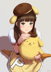 Rule 34 | 1girl, animal ears, bad id, bad pixiv id, beret, black hair, black hat, blush, bow, character doll, commentary request, dog ears, food-themed hair ornament, grey background, hair ornament, hat, highres, holding, holding stuffed toy, kurosawa dia, long hair, looking at viewer, love live!, love live! sunshine!!, mole, mole under mouth, orange hair ornament, orange legwear, papi (papiron100), polka dot, polka dot legwear, pompompurin, red bow, sanrio, short sleeves, signature, sitting, skirt, smile, solo, stuffed toy, wrist bow, yellow skirt