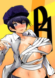 Rule 34 | 1girl, belt, blue hair, blush, breasts, bursting breasts, buttons, cabbie hat, collarbone, copyright name, curvy, dress shirt, ear blush, embarrassed, gradient background, grey eyes, hair between eyes, hat, highres, huge breasts, large breasts, long sleeves, looking down, navel, no bra, norman maggot, nose blush, open clothes, open shirt, orange background, persona, persona 4, reverse trap, sarashi, shirogane naoto, shirt, short hair, solo, sweat, tomboy, unbuttoned, underboob, upper body, very short hair, wardrobe malfunction, white shirt, wide hips, wing collar