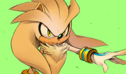 Rule 34 | 1boy, animal ears, animal nose, arm up, body fur, bracelet, closed mouth, commentary, english commentary, furry, furry male, gloves, gold bracelet, green background, hand up, hedgehog, hedgehog ears, highres, jewelry, looking to the side, male focus, shira-hedgie, silver the hedgehog, simple background, solo, sonic (series), standing, white fur, white gloves, yellow eyes