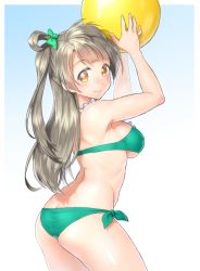 Rule 34 | 10s, 1girl, arms up, ass, ball, bikini, blush, breasts, brown hair, gradient background, green bikini, hair ribbon, large breasts, long hair, looking at viewer, love live!, love live! school idol project, minami kotori, onsoku inu, ribbon, side-tie bikini bottom, side ponytail, simple background, skindentation, smile, solo, swimsuit, thighs, yellow eyes