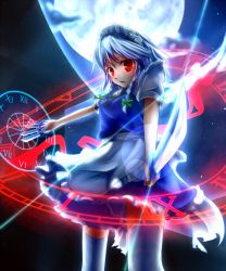 Rule 34 | 1girl, braid, female focus, gradient background, highres, izayoi sakuya, knife, maid, moon, mugen soukyuu, outdoors, red eyes, short hair, silver hair, sky, solo, thighhighs, throwing knife, touhou, twin braids, weapon