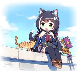 Rule 34 | 1girl, :d, animal, animal ear fluff, animal ears, animal on lap, bare shoulders, black cat, black hair, black thighhighs, blue sky, blue sleeves, blush, boots, brown footwear, cat, cat ears, cat girl, cat on lap, cat tail, chibi, chinese commentary, cloud, commentary request, day, detached sleeves, fang, foot dangle, frilled skirt, frills, green eyes, high heel boots, high heels, highres, karyl (princess connect!), langbazi, legs together, long hair, low twintails, multicolored hair, on lap, on wall, open mouth, outdoors, photoshop (medium), princess connect!, purple skirt, shirt, signature, sitting, skin fang, skirt, sky, sleeveless, sleeveless shirt, smile, solo, sparkle, staff, streaked hair, tail, thighhighs, thighhighs under boots, twintails, very long hair, white hair, white shirt