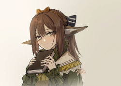 Rule 34 | 1girl, animal ears, arknights, blue bow, book, bow, brown eyes, brown hair, fox ears, gogatsu fukuin, green shirt, grey background, hair between eyes, hair bow, hairband, hands up, holding, holding book, long hair, looking at viewer, official alternate costume, orange bow, perfumer (arknights), perfumer (leisurely afternoon) (arknights), ponytail, shirt, sidelocks, simple background, solo, upper body, wrist cuffs