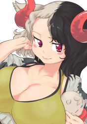 Rule 34 | 1girl, animal ears, animal print, arm behind head, baby, bikini, black hair, blush stickers, breasts, cleavage, commentary request, cow ears, cow print, half-closed eyes, highres, holding, holding baby, horns, jacket, large breasts, lips, looking at viewer, multicolored hair, oni, oni horns, red eyes, red horns, simple background, smile, smirk, smug, solo, split-color hair, swimsuit, touhou, two-tone hair, upper body, ushizaki urumi, white background, white hair, wily beast and weakest creature, yellow bikini, zetsu (zyej5442)