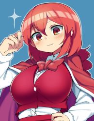 Rule 34 | 1girl, :3, blush, bow, bowtie, braid, breasts, buttons, cape, capelet, closed mouth, collared shirt, highres, large breasts, long hair, long sleeves, looking at viewer, okazaki yumemi, red eyes, red hair, red ribbon, red vest, ribbon, sakaki (utigi), shirt, simple background, smile, solo, touhou, touhou (pc-98), vest