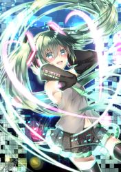 Rule 34 | 1girl, :d, aqua eyes, aqua hair, bare shoulders, beamed quavers, black thighhighs, blush, boots, detached sleeves, hands on headphones, hatsune miku, headset, highres, long hair, looking at viewer, musical note, navel, necktie, open mouth, quaver, signature, skirt, sleeveless, smile, solo, thigh boots, thighhighs, twintails, very long hair, vocaloid, yuihira asu