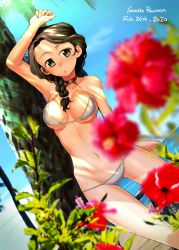 Rule 34 | 1girl, alternate hairstyle, arm up, artist name, bikini, black eyes, black hair, blue sky, blurry, blurry foreground, braid, braided ponytail, closed mouth, commentary request, dappled sunlight, dated, day, depth of field, dutch angle, flower, girls und panzer, gluteal fold, hair over shoulder, hair tie, halterneck, hamada kiyo, hibiscus, highres, horizon, leaning to the side, light frown, looking at viewer, medium hair, navel, outdoors, palm tree, partial commentary, plant, r-ex, red flower, signature, single braid, sky, solo, standing, string bikini, sunlight, swimsuit, tree, white bikini