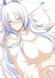 Rule 34 | 1girl, animal ears, bed, blush, breasts, dragon horns, closed eyes, female focus, fox ears, hair between eyes, horns, konshin, large breasts, long hair, orie hakua, parted lips, pixiv fantasia, pixiv fantasia new world, silver hair, sleeping, solo, sweater, very long hair, white sweater, wide sleeves