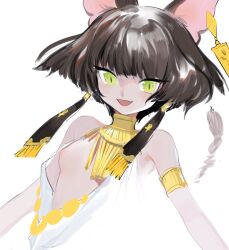 Rule 34 | 1girl, animal ears, armlet, bare shoulders, black hair, breasts, check copyright, collar, copyright request, cropped torso, dress, ear tag, fang, gold collar, green eyes, hair ornament, highres, kaede (shijie heping), looking at viewer, nipple slip, nipples, open mouth, original, short hair, sketch, slit pupils, small breasts, smile, solo, white dress