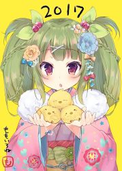 Rule 34 | 1girl, 2017, artist name, bird, chestnut mouth, chicken, chinese zodiac, commentary request, floral print, flower, furisode, green hair, hair flower, hair ornament, hairclip, highres, irone (miyamiya38), japanese clothes, kanzashi, kimono, looking at viewer, new year, obi, open mouth, original, purple eyes, sash, signature, solo, twintails, wide sleeves, year of the rooster, yellow background
