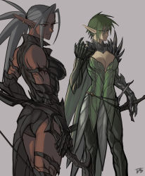 Rule 34 | 2girls, absurdres, armor, bare shoulders, bow (weapon), breasts, brown eyes, cleavage, cleavage cutout, clothing cutout, commentary request, dark-skinned female, dark elf, dark skin, drill (emilio), earrings, elf, eyes visible through hair, gauntlets, green eyes, green hair, grey background, grey hair, highres, jewelry, large breasts, long hair, looking away, medium breasts, multiple girls, neytharone (drill (emilio)), original, pointy ears, ponytail, short hair, shoulder spikes, simple background, smile, spikes, stud earrings, sword, weapon