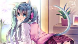 Rule 34 | 1girl, animal ears, aqua eyes, aqua hair, artist name, cat ears, cat girl, cat tail, dated, fake animal ears, from side, hair between eyes, hatsune miku, headphones, highres, indoors, leaning forward, long hair, looking at viewer, open mouth, plant, pleated skirt, potted plant, red skirt, skirt, solo, tail, tree, tsukumo matoro, twintails, vocaloid, window