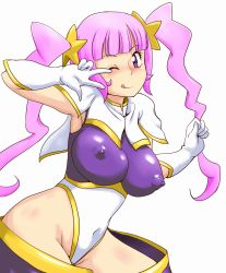 Rule 34 | 00s, 10s, 1girl, armpits, breasts, cosplay, covered erect nipples, female focus, gloves, gundam, gundam build fighters, gundam seed, gundam seed destiny, highres, impossible clothes, kirara (gundam bf), large breasts, leotard, meer campbell (cosplay), mihoshi (gundam bf), nipples, one eye closed, pink hair, purple eyes, simple background, solo, tof, twintails, white background, wink