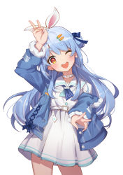 Rule 34 | 1girl, ;d, absurdres, belt, blue hair, blue jacket, blue neckerchief, blue ribbon, carrot hair ornament, choker, cowboy shot, double v, dress, food-themed hair ornament, hair bun, hair ornament, hair ribbon, highres, hololive, jacket, long hair, long sleeves, looking at viewer, neckerchief, official alternate costume, one eye closed, open clothes, open jacket, open mouth, red eyes, ribbon, sailor collar, short eyebrows, shyi, single hair bun, smile, solo, standing, teeth, thick eyebrows, upper teeth only, usada pekora, usada pekora (casual), v, very long hair, virtual youtuber, white belt, white choker, white dress, white sailor collar
