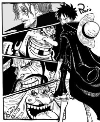 Rule 34 | 1girl, 4boys, beard, big mom, big nose, charlotte linlin, earrings, evil grin, evil smile, facial hair, facial scar, grin, hat, jewelry, kaidou (one piece), looking at viewer, looking to the side, marshall d. teach, missing tooth, monkey d. luffy, monochrome, multiple boys, mustache, nishiponi, oda eiichirou (style), official style, old, old man, old woman, one piece, scar, scar across eye, scar on cheek, scar on face, serious, shanks (one piece), smile, straw hat