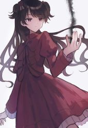 Rule 34 | 1girl, black hair, dress, expressionless, flower, grey background, hair flower, hair ornament, highres, humanization, kate (shadows house), long hair, looking at hand, mametarou (mameji), red dress, red eyes, shadows house, simple background, solo, soot, spoilers, two side up