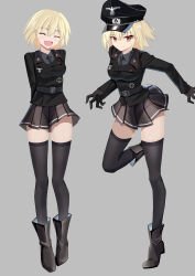 Rule 34 | 1girl, :d, ankle boots, belt, black gloves, boots, breasts, closed eyes, commentary request, cross, epaulettes, fang, full body, gloves, grey background, hat, highres, iron cross, jiseki rena, looking at viewer, medium breasts, military uniform, multiple views, nazi, necktie, open mouth, original, peaked cap, red eyes, reichsadler, shirt, short hair, skin fang, skirt, smile, standing, thighhighs, totenkopf, tsurime, uniform, zettai ryouiki