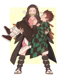 Rule 34 | 1girl, bit gag, brother and sister, brown hair, carrying, earrings, gag, gagged, gagged (willingly), hair ribbon, haori, japanese clothes, jewelry, kamado nezuko, kamado tanjirou, kimetsu no yaiba, kimono, long hair, long sleeves, onegingek, pink eyes, pink kimono, princess carry, puff of air, ribbon, scar, scar on face, scar on forehead, siblings, signature, simple background, sparkle, standing, wide sleeves