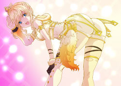 Rule 34 | 1girl, ass, bare shoulders, bent over, blue eyes, breasts, crown, gloves, hair bun, idolmaster, idolmaster cinderella girls, leaning, leaning forward, long hair, looking at viewer, ohtsuki yui, open mouth, party time gold, rurukichi, shiny clothes, short shorts, shorts, sideboob, single glove, single hair bun, smile, solo, thighhighs, vest