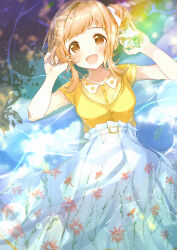 Rule 34 | 1girl, :d, belt, blush, bow, breasts, brown eyes, brown hair, cloud, collarbone, dot nose, floral print, hair bow, hair bun, hands up, highres, holding, holding star, idolmaster, idolmaster shiny colors, large breasts, lens flare, light brown hair, long hair, looking at viewer, lying, medium breasts, on back, open mouth, partially submerged, print skirt, qs11, rainbow gradient, reflection, reflective water, sakuragi mano, shirt, short sleeves, single hair bun, skirt, sky, smile, solo, star (symbol), tree, water, white belt, white bow, white skirt, yellow shirt