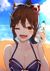 Rule 34 | 1girl, adapted costume, ashigara (kancolle), bad id, bad twitter id, beach, bikini, blue sky, bottle, breasts, brown eyes, brown hair, cleavage, cloud, day, hairband, horizon, kantai collection, large breasts, long hair, looking at viewer, mitamgr, ocean, open mouth, outdoors, purple bikini, sky, smile, solo, sweater, swimsuit, teeth, upper body, wavy hair