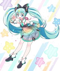 Rule 34 | 1girl, :d, ankle boots, aqua hair, aqua necktie, arm tattoo, arm up, black bow, black footwear, blue eyes, blush, boots, bow, detached collar, detached sleeves, fang, flat chest, full body, fuusen neko, hair bow, hatsune miku, high-waist skirt, highres, leaning forward, legs apart, long hair, long sleeves, multicolored background, musical note, musical note print, navel, necktie, no socks, open mouth, print skirt, see-through, short necktie, shorts, shorts under skirt, skirt, smile, solo, sparkle, standing, star (symbol), stomach, tareme, tattoo, very long hair, vocaloid, white shorts