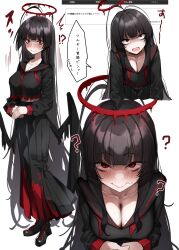 Rule 34 | 1girl, absurdly long hair, black dress, black hair, black serafuku, black shirt, blue archive, blunt bangs, blush, breasts, cleavage, collarbone, commission, crop top, dress, full-face blush, halo, highres, large breasts, long hair, long skirt, long sleeves, looking at viewer, looking up, mm (mm chair), multiple views, neckerchief, own hands together, red eyes, school uniform, serafuku, shirt, simple background, skirt, straight hair, surprised, sweatdrop, tsurugi (blue archive), undone neckerchief, very long hair, white background, wide-eyed