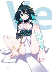 Rule 34 | 1girl, absurdres, ahoge, arashidori 90, arms under breasts, barefoot, benghuai xueyuan, black gloves, breasts, cleavage, cleavage cutout, clothing cutout, covered erect nipples, double-parted bangs, full body, gloves, green eyes, green hair, hair ornament, highres, honkai (series), large breasts, looking at viewer, parted lips, pelvic curtain, shadow, short hair, signature, soles, solo, tattoo, teeth, toenails, toga, wendy (benghuai xueyuan), white background