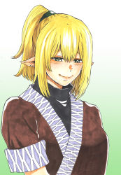 Rule 34 | 1girl, absurdres, black shirt, blonde hair, blush, breasts, brown jacket, closed mouth, commentary request, gradient background, green background, green eyes, hair between eyes, highres, jacket, looking at viewer, matsuri kyuuta, medium breasts, mizuhashi parsee, multicolored clothes, multicolored jacket, pointy ears, shirt, short hair, short ponytail, short sleeves, smile, solo, touhou, traditional media, upper body, white background