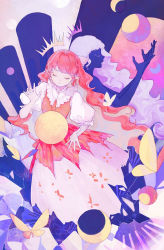 Rule 34 | 2girls, arm up, arms up, bug, butterfly, cirrika, crown, dress, closed eyes, facial mark, highres, bug, long dress, long hair, moon, multiple girls, multiple persona, open mouth, original, pale skin, planet, pointy ears, red hair, sleeveless, standing, very long hair, white hair